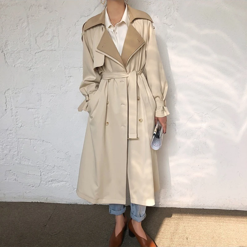 

FURSARCAR 2022 New Autumn Fashion Long Length Double Lapel Collar Sashe Women's Trench Coat High End England Style Clothes