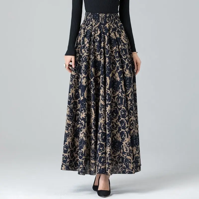 

Vintage A-Line Skirt Women Elegant Flower Prints Elastic Waist Long Skirt Spring Summer Umbrella Skirt Female Clothing Fashion