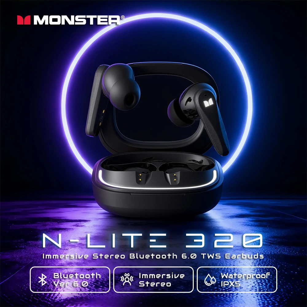 Фото Беспроводные наушники Monster N-Lite 320 Ture с шумоподавлением при звонках, Bluetooth 6.0, водонепроницаемые (IPX5), спортивные наушники с микрофоном №1