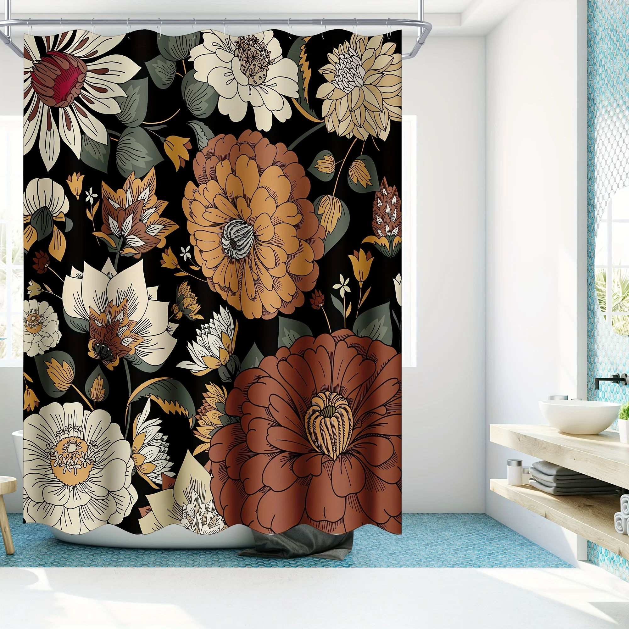 

Boho Floral Shower Curtain, Durable Vintage Boho Flowers Shower Curtain With 12 Hooks, Waterproof Fabric Bath Curtain Decor
