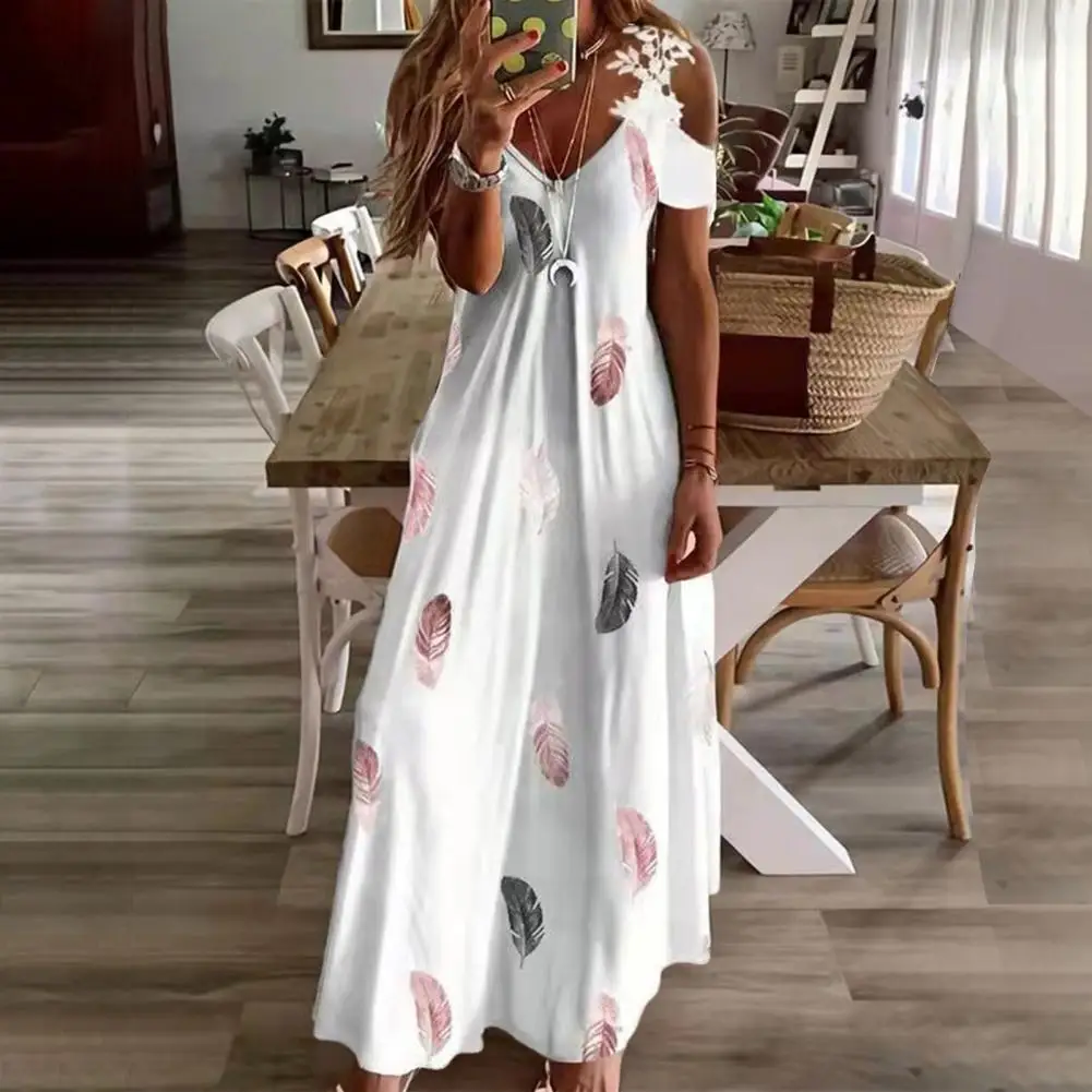 

Bohemian Maxi Dress Feather Printed Lace Sling Ladies Loose-fitting A-Line Long Dress Streetwear Women Summer Dress 2022 vestido