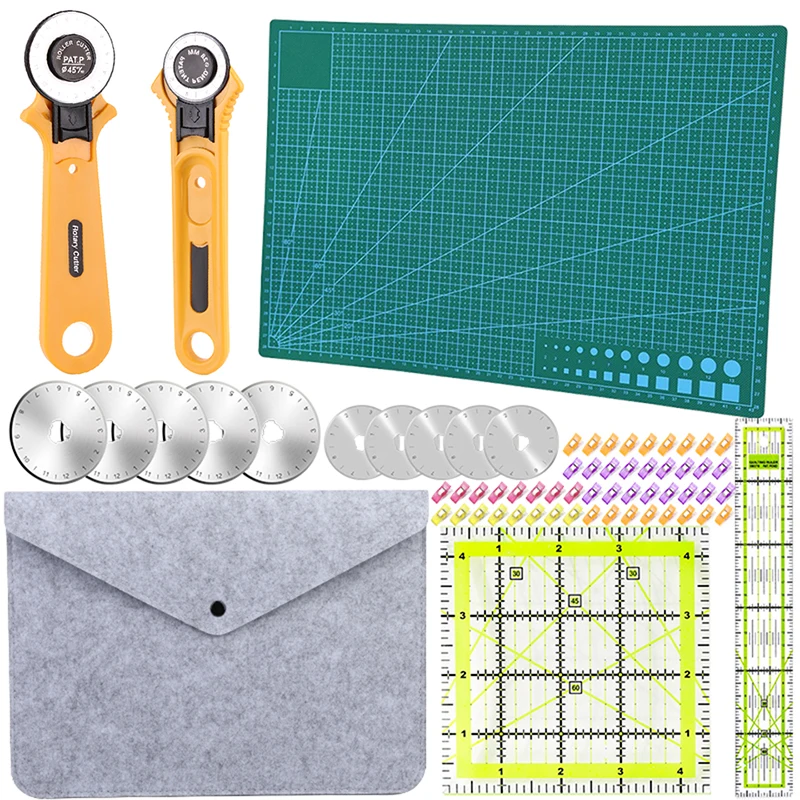 Nonvor 66Pcs Rotary Cutter Kit with A3 Cutting Mat Patchwork Ruler Sewing Clips Replacement Blades for Paper Fabric Cutting Tool