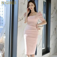 n girls elegant office lady dress 2022 summer small sexy square collar puff sleeve temperament high tight womens party dresses