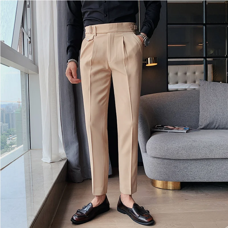 

British Style Men's Fashion Solid Color High Waist Pants Business Slim Fit Suit Pants 2023 High Quality Men's Social Suit Pants