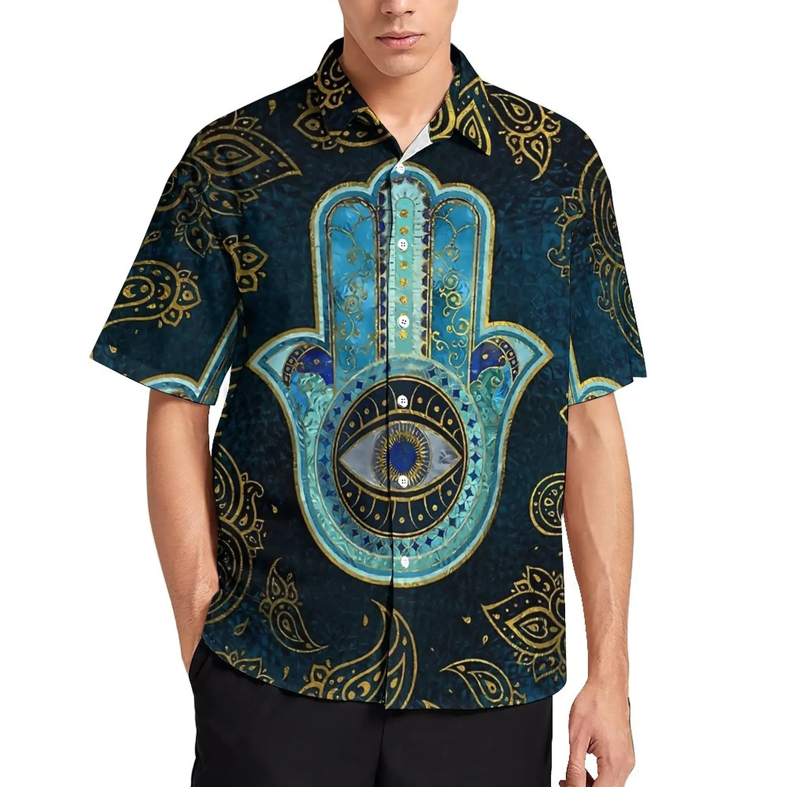 

Hamsa Hand Beach Shirt Gold Paisley Print Hawaiian Casual Shirts Male Vintage Blouses Short Sleeves Design Clothing Plus Size