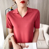 womens sweater polo shirt ice silk knitted t shirt short sleeved fashion summer new simple loose half sleeved korean casual top