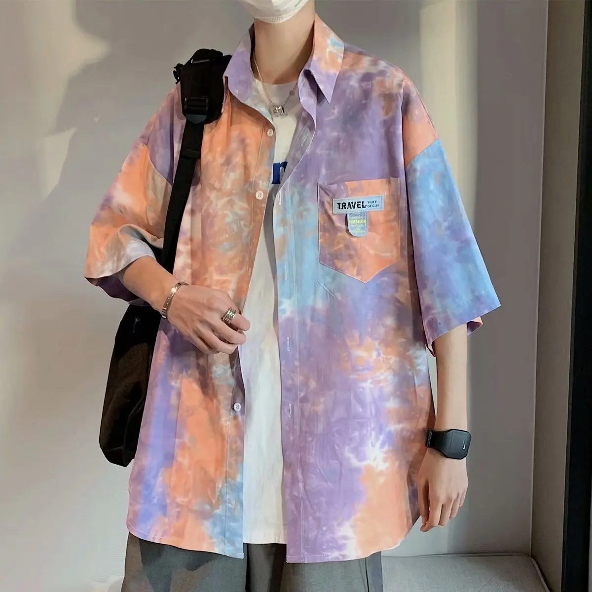 Гавайская рубашка мужская летняя куртка с коротким рукавом и оборками красивая в