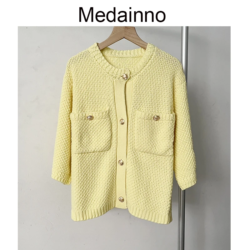 

Medainno 2022 Autumn Fashion Women Short Sleeve Knitted Sweater Cardigan Pocket Solid Elegant Casual Simple Tops Female Chic