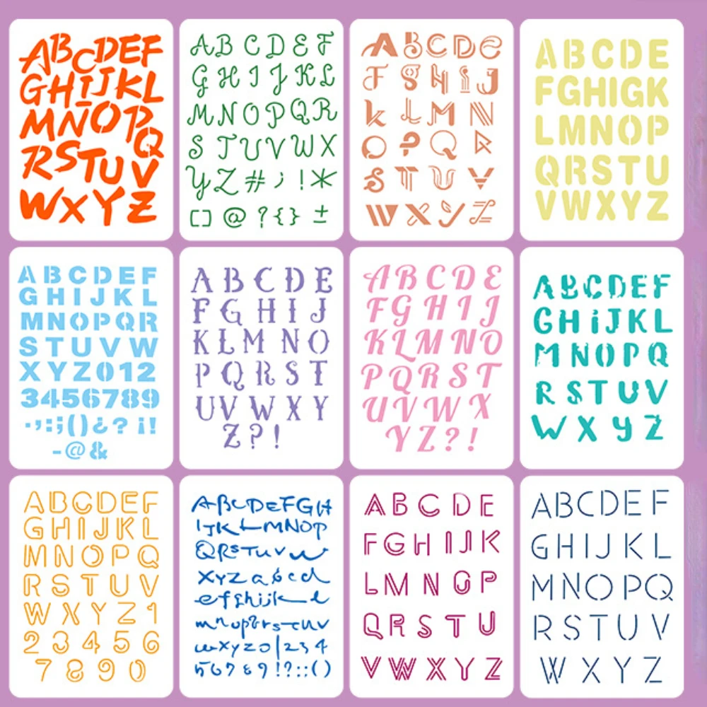 

12pcs Children's Graffiti Hollow Painting Template PET Hand-painted Model Wall Painting English Alphabet Clip Art Reuse Tool