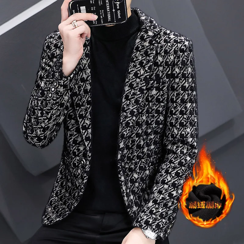 HOO 2022 Men's Autumn and Winter Casual Plaid Thick Suit New Korean Style Trendy Fleece-Lined Fashion blazer | Мужская одежда