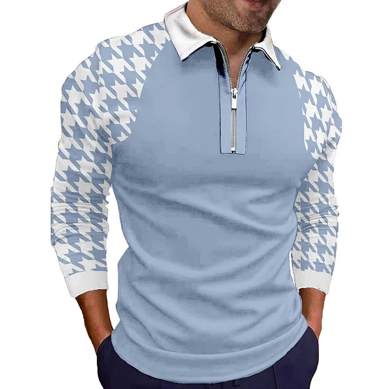 

Polo con estampado a cuadros para hombre, camisa informal de manga larga con cuello vuelto y cremallera, Top de retales, ropa