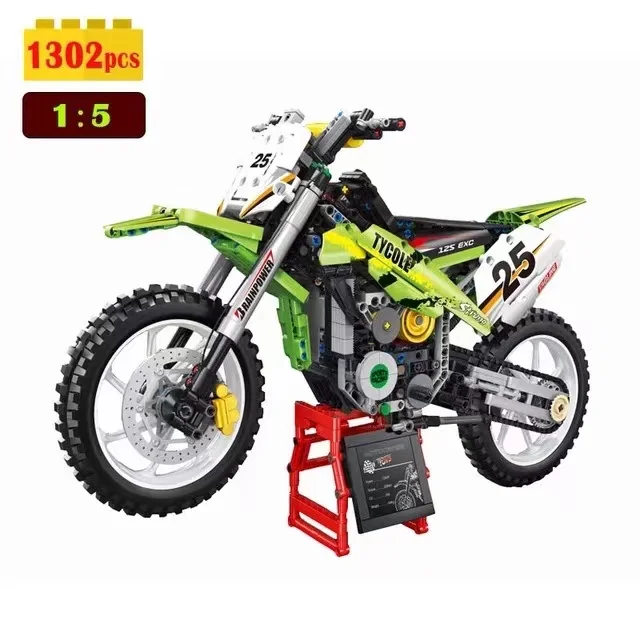 

1302pcs 1:5 Cross-country Motorcycle City Motocross Model Building Block Bricks Toy Building Block Accessories Motorcycle T4018