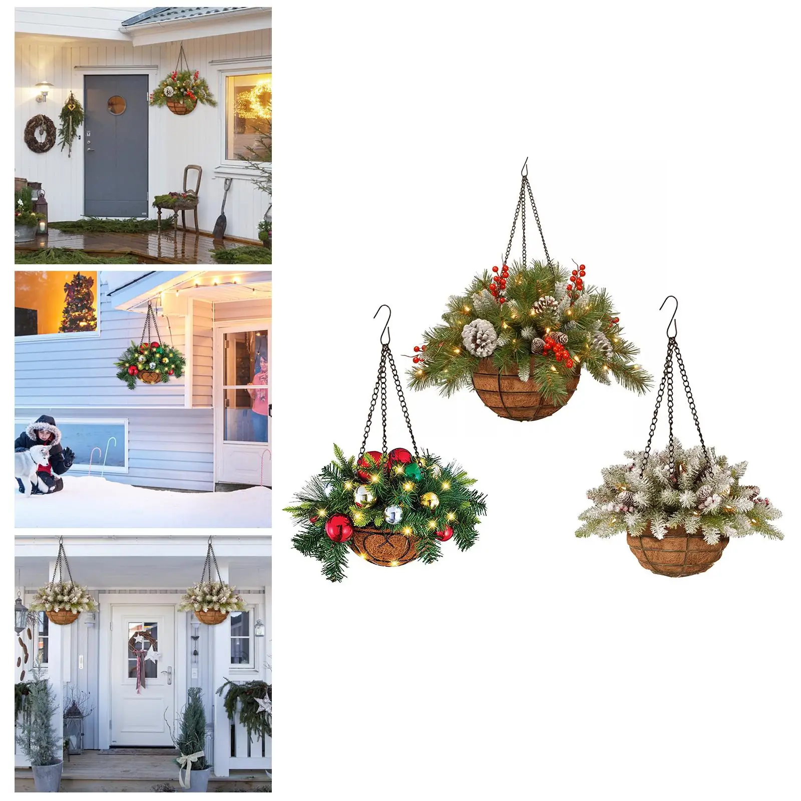 

Artificial Christmas Hanging Basket with Frosted Berries Mixed Decorations for Porch Indoors Outdoors