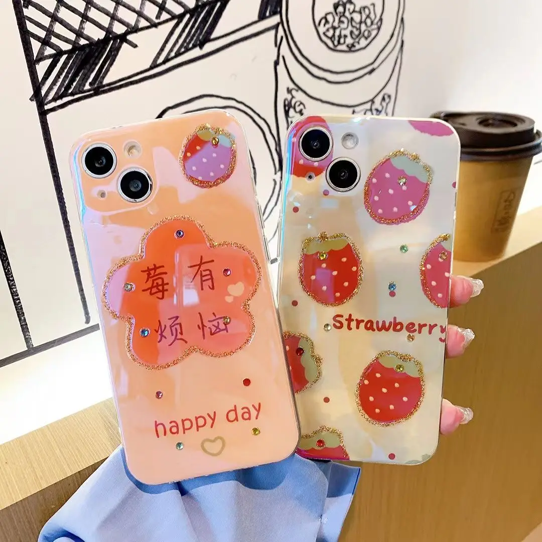 Мультяшный милый клубничный ТПУ защитный чехол для Iphnoe 14 14 Pro Max 11 12 13 Pro XR синий Стразы противоударный чехол