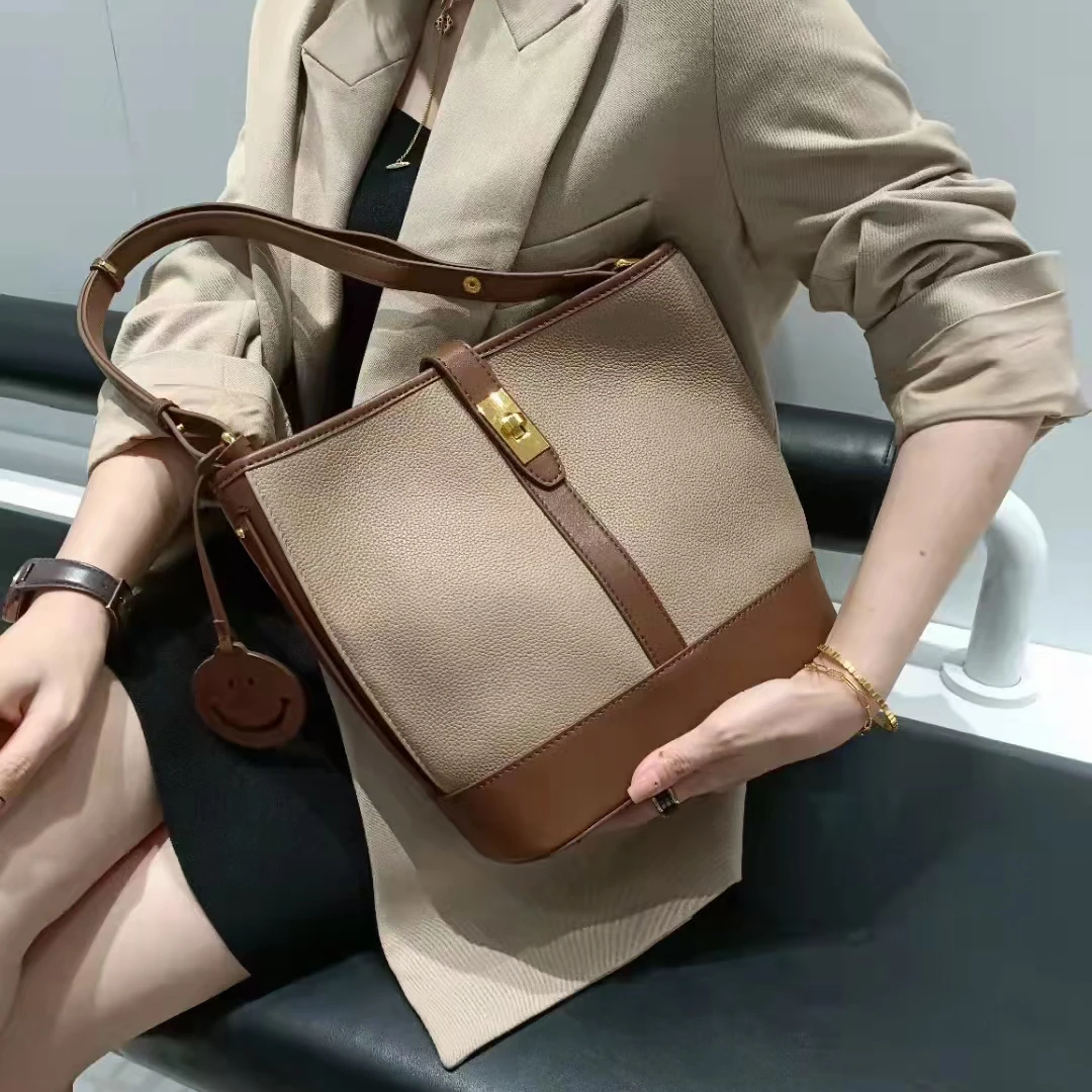 

Royal Bagger Women Bucket Shape Shoulder Bag Genuine Cow Leather Ladies Large Handbag Contrast Color