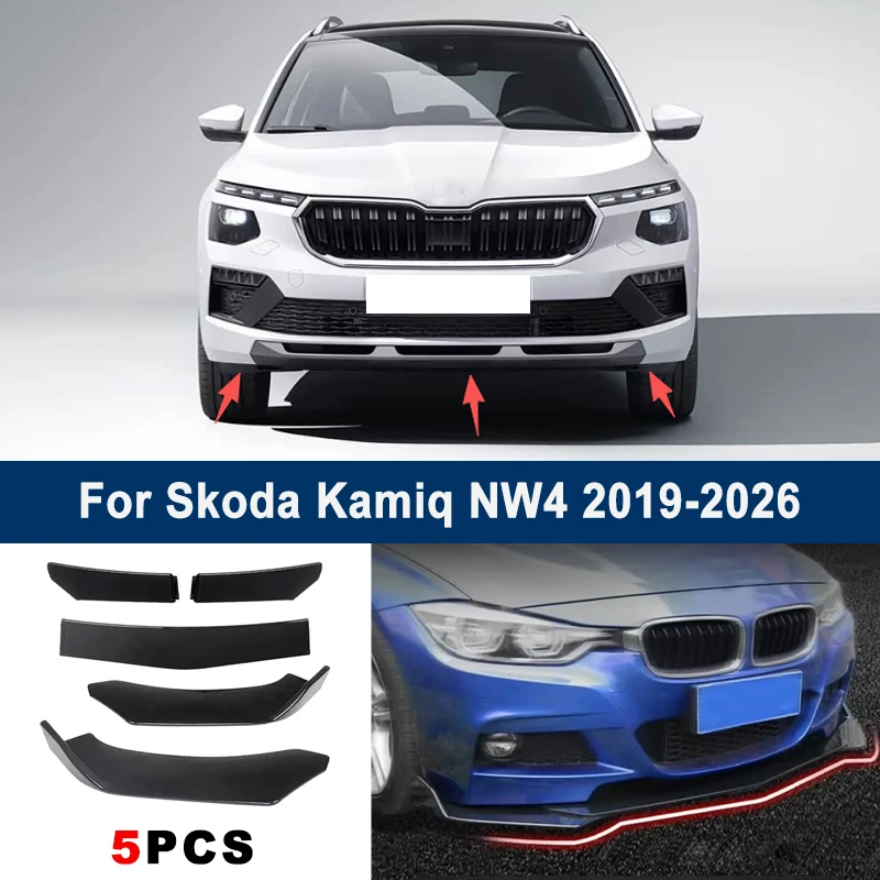 Фото Регулируемый комплект из 5 секционных сплиттеров переднего бампера для Skoda Kamiq NW4 2019-2026, внешний спортивный обвес для автомобиля №1