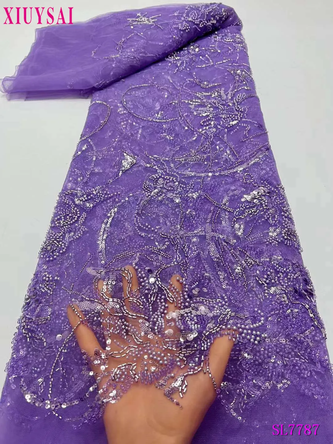 

Purple Handmade Beads Lace Latest African Lace Fabric Embroidery French sequins Nigerian Mesh Tulle Lace Fabrics for Party