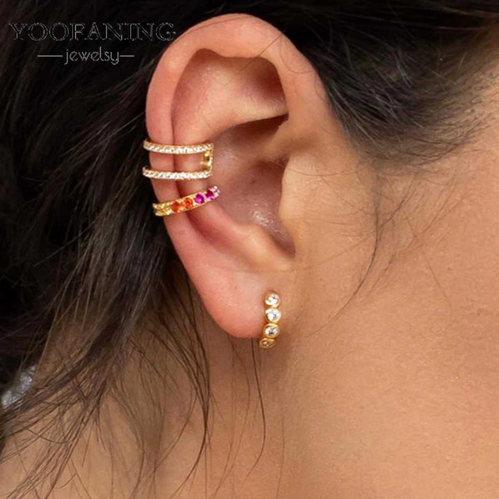 Фото Серьги-клипсы YOOFANING с позолотой 24k, серебряные, с разноцветными кристаллами циркона, простые, в стиле INS, С-образные, без прокола, оптом №3