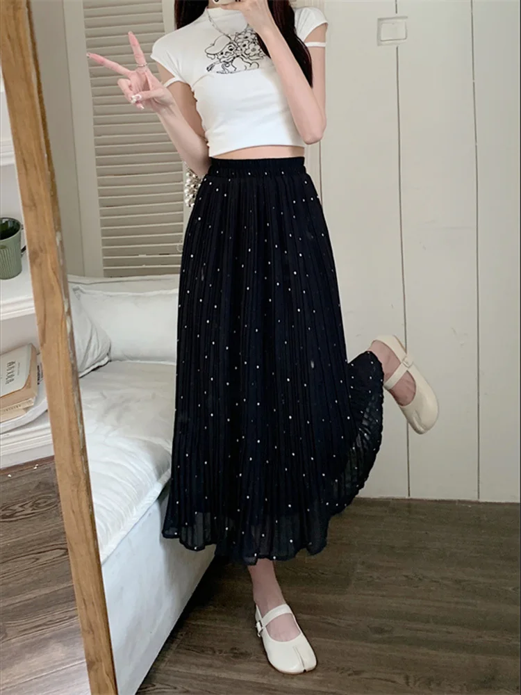 Летняя плиссированная юбка в горошек женские эластичные драпированные длинные