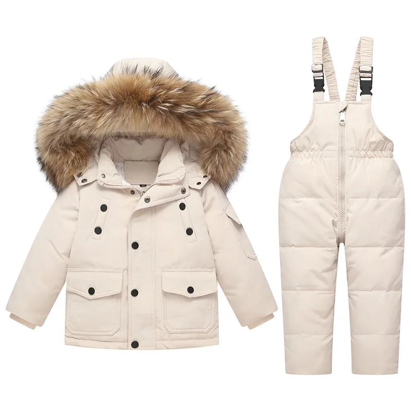 

2022 Baby children's feather collar down jacket suit 1-6 years old thick warm ski suit two-piece new fashion suit