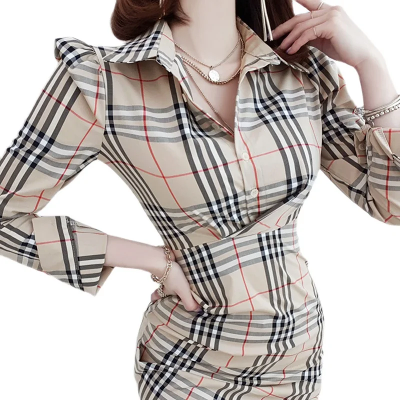 Высококачественная облегающая клетчатая юбка-рубашка с воротником-лодочкой
