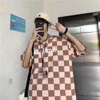 checkerboard lattice alphabet short sleeved t shirt summer ins couple tops 2022 new loose tide brand trend half sleeved shirts