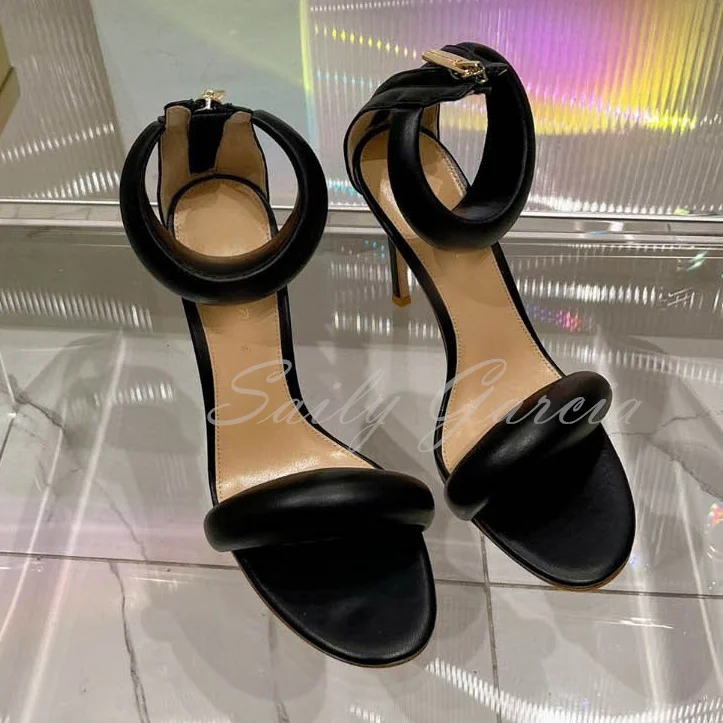 Sexy Banquet Leather Sandals Ladies Brand New One-Line Back Zipper Round Toe Stilettos Gold White Red Sandals Large Size 43