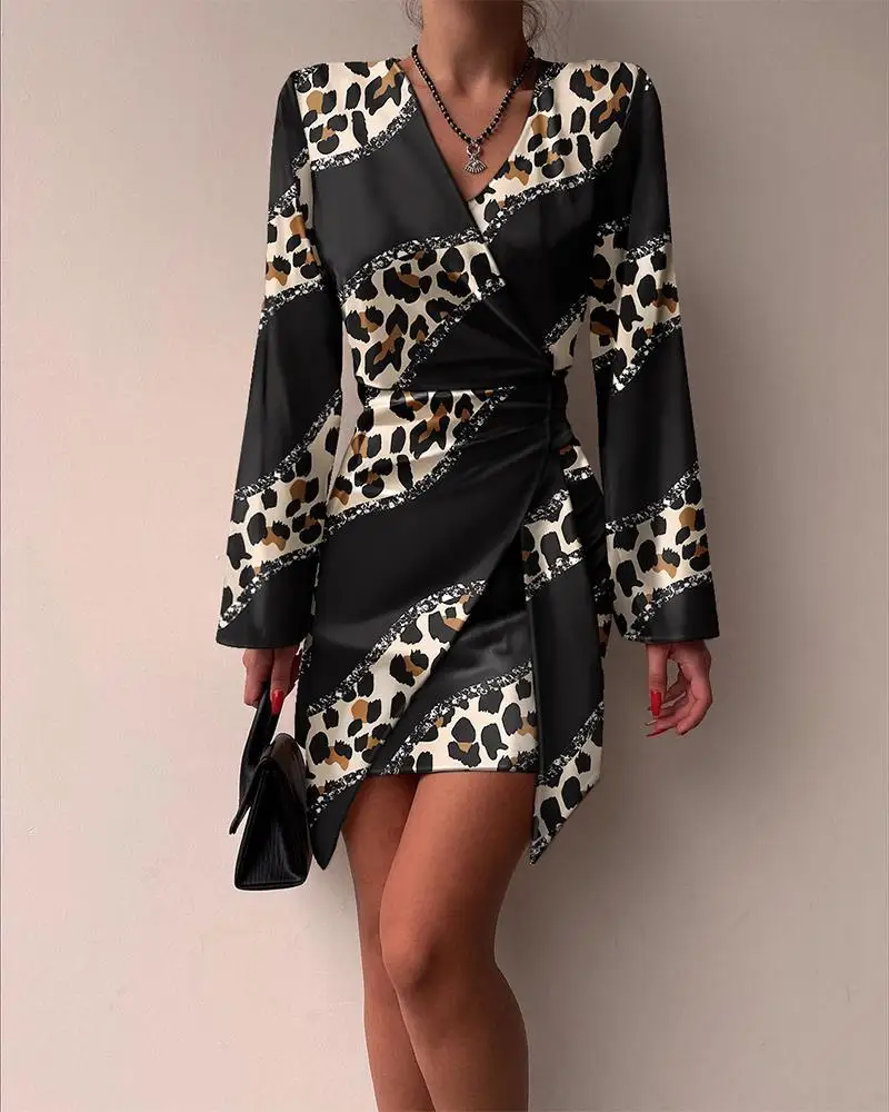 Women V Neck Mini Dress Full Length Sexy High Waist Leopard Fashion Casual Bodycon Slim Dress