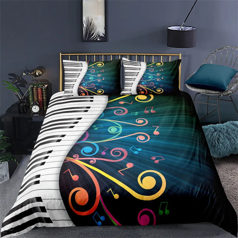 

Piano Keyboard Black Duvet Cover Note Clef Staff Music Theme Bedding Set Microfiber Melody Music Geometric Quilt Cover King Size