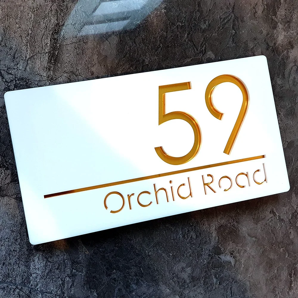 

Customized Acrylic Sign White & Gold Mirror House Sign Plaques Address Door Number Latest design style