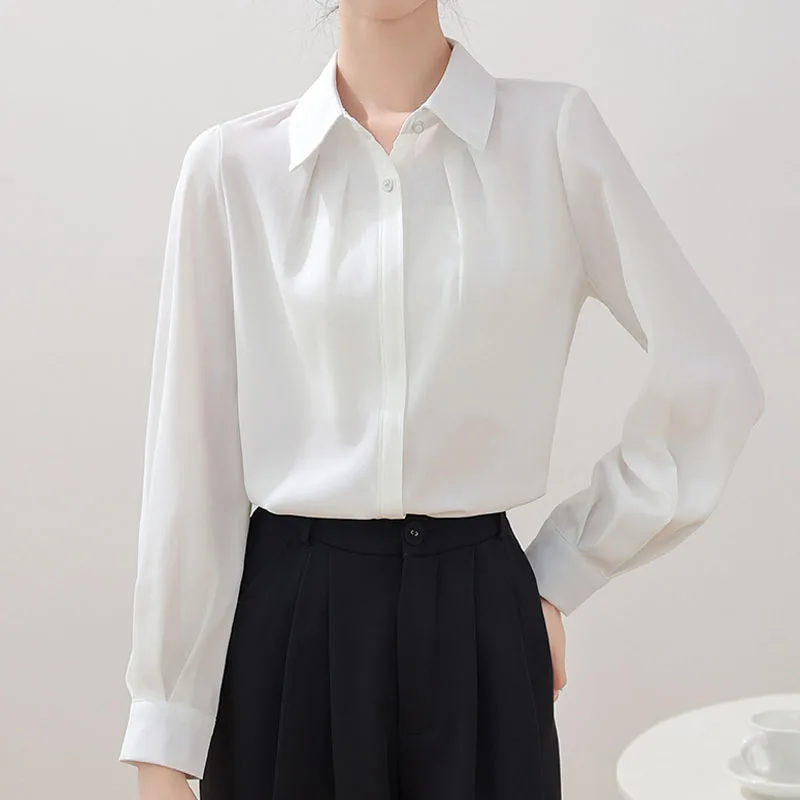 Офисная женская рубашка с длинным рукавом и отложным воротником белая блузка