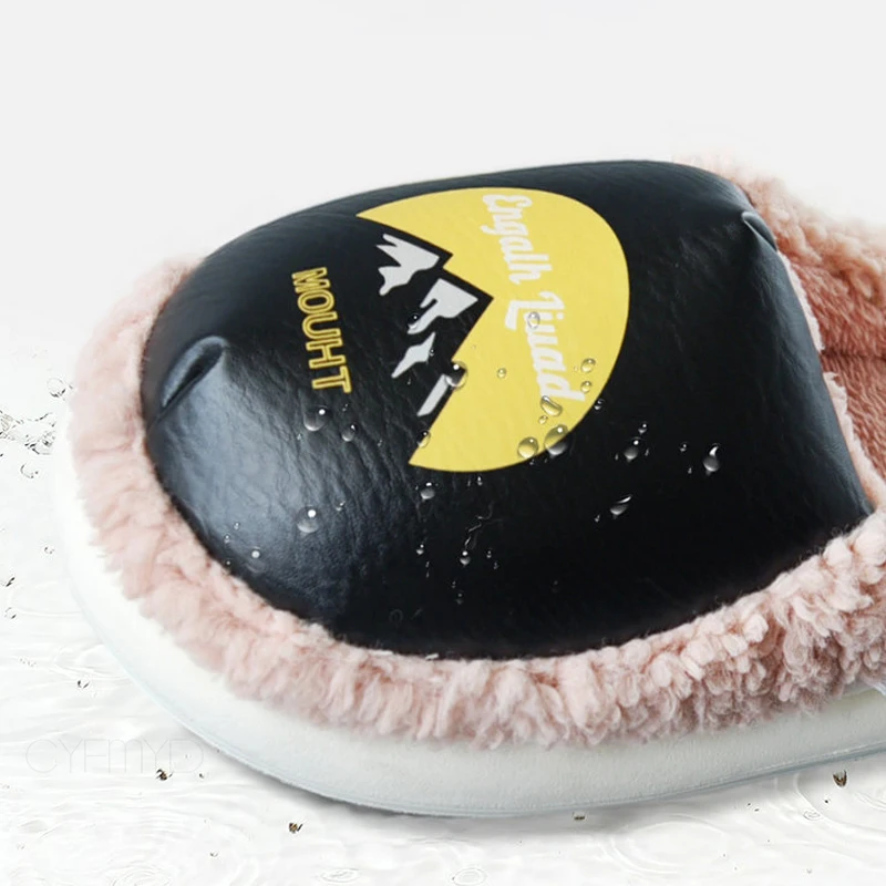 Women Slippers for Home Winter Shoes With Fur PU Waterproof House Slippers for Female Warm Non-slip Couple Indoor Slippers Girls
