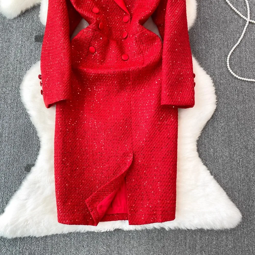 Женское двубортное платье с V-образным вырезом и длинным рукавом