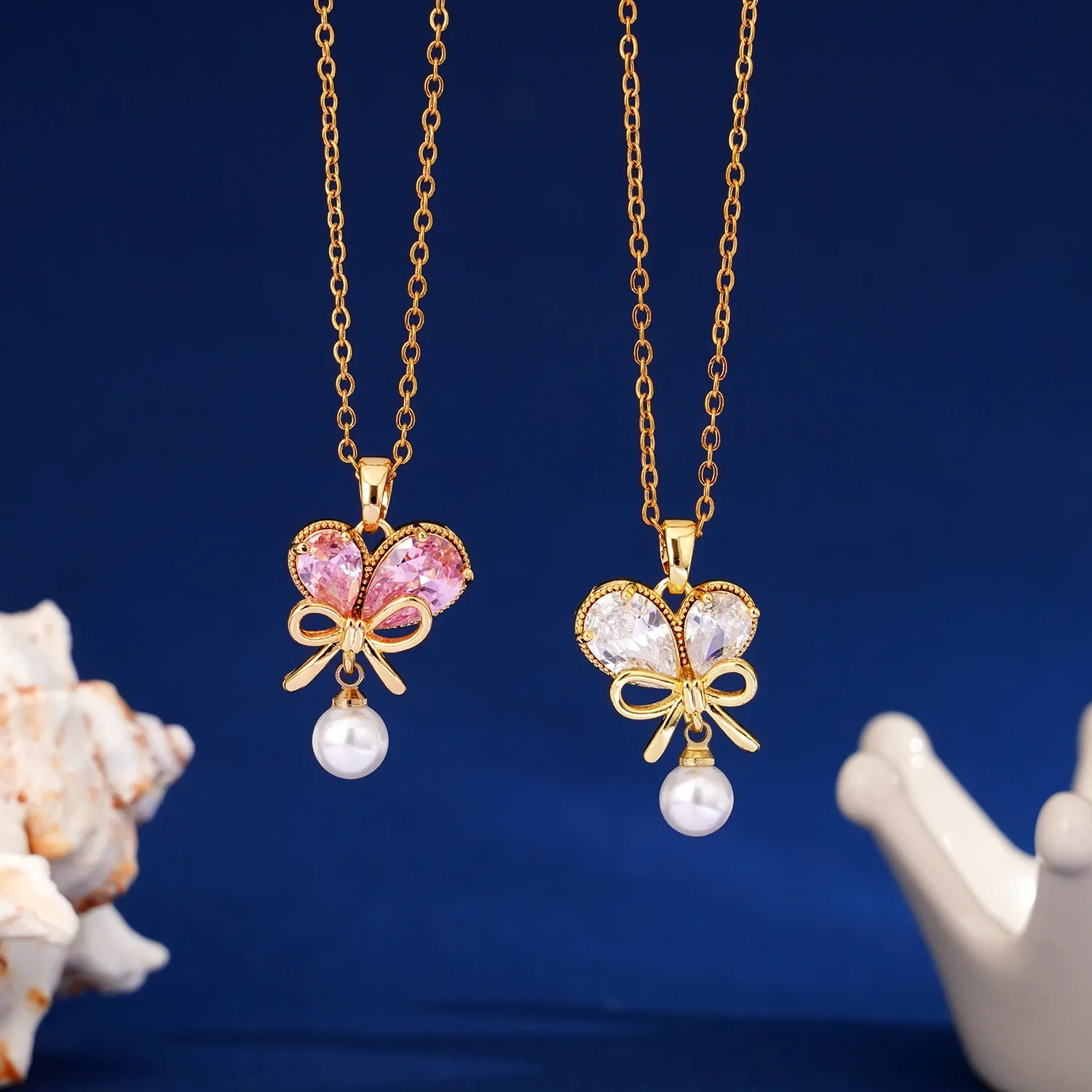 Модное ожерелье с подвеской в виде сердца жемчуга банта из циркония для женщин и