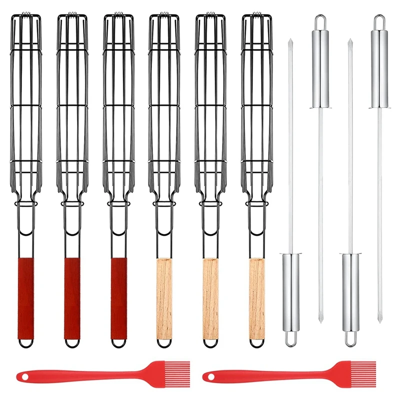 

12 Pieces BBQ Grilling Baskets And Skewers Set With 6 Grilling Baskets, 4 Stainless Steel Barbecue Skewers,2 BBQ Brushes