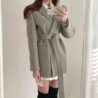 2021 women blazers woolen coats jacket outerwear thicken warm lace up office lady slim lapel overcoat khaki korea style coat new