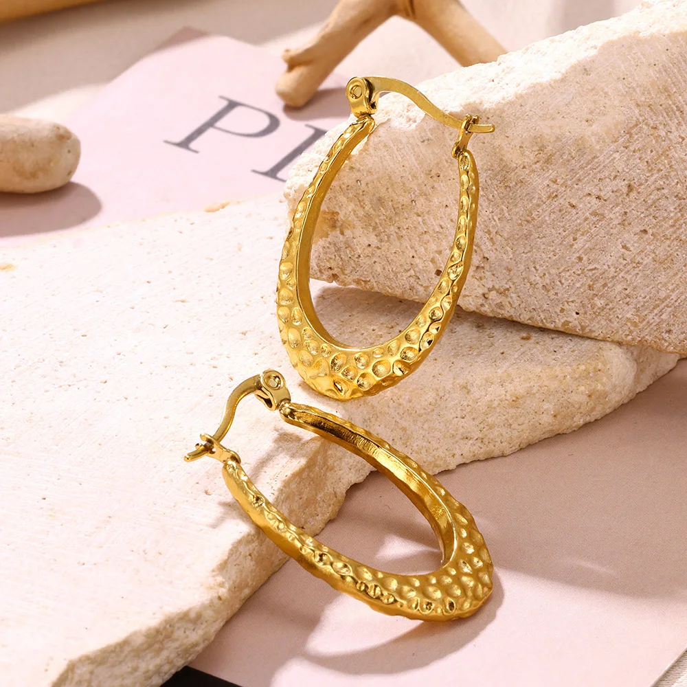 

Stainless Steel Oval Earrings For Women Gold Color Irregular Textured Hoop Earring Vintage Jewelry Accessories Christmas Gift