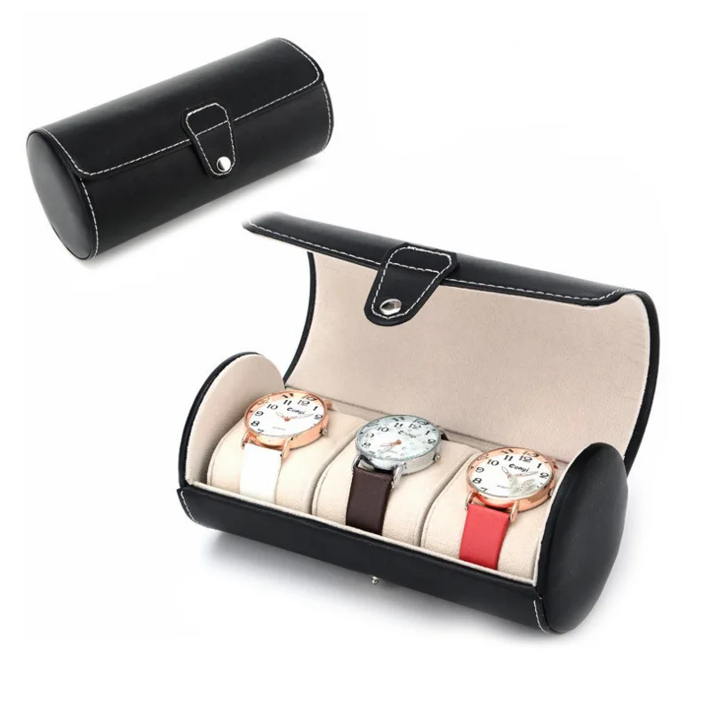 Cylinder Travel Portable Necktie Storage Three-person Watch Leather Jewelry Display Gift Box Wholesale 904L super watch