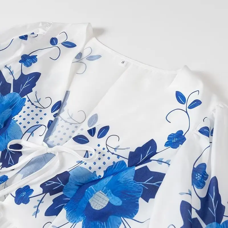 Модная рубашка с V-образным вырезом и принтом на шнуровке коротким рукавом для