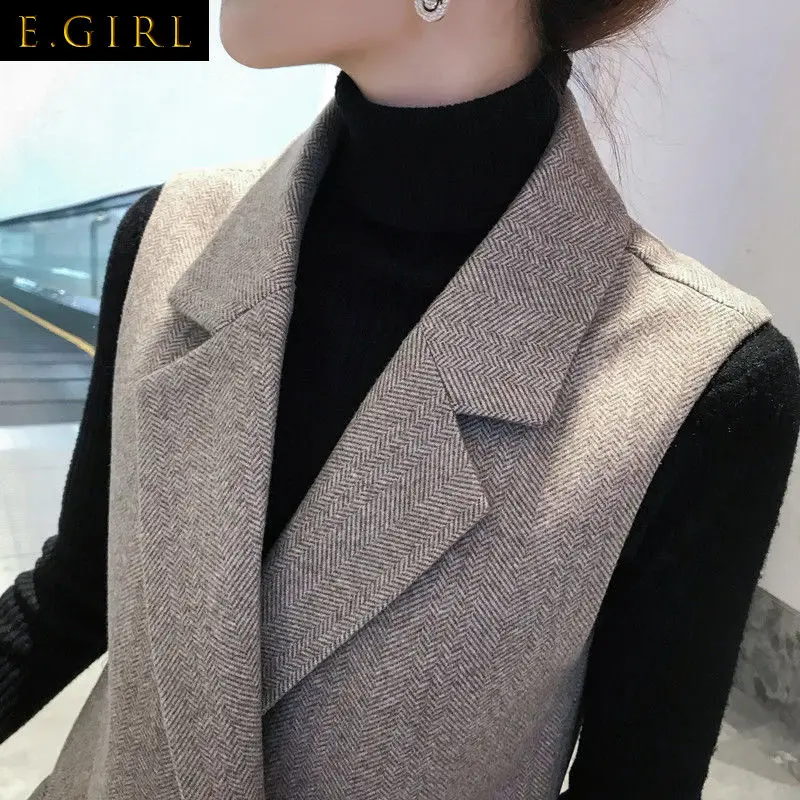 

E GIRLS Women Long Twill Woolen Vest Causal Loose less Coat