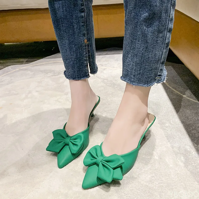 

Spring and Summer Women's Shoes Korean Silk Satin Pointed Bow Tie Slippers Baotou Flat Heel Sets Semi Slippers