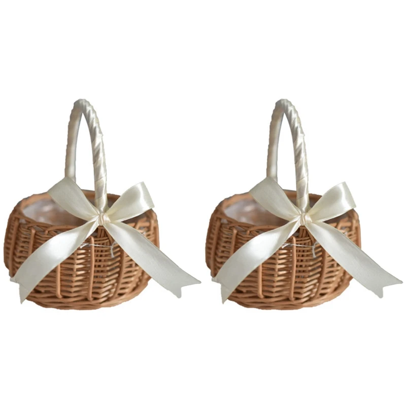 

3X Woven Flower Basket Rattan Storage Basket Flower Girl Hand Basket Handmade Flower Basket With Bow, L