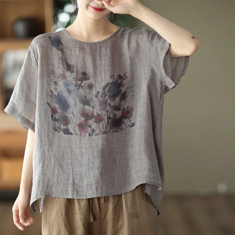 

2023 Summer New Arts Style Women Short Sleeve Cotton Linen Tee Shirt Femme Tops Vintage Flower Print Loose O-neck T-shirt C969
