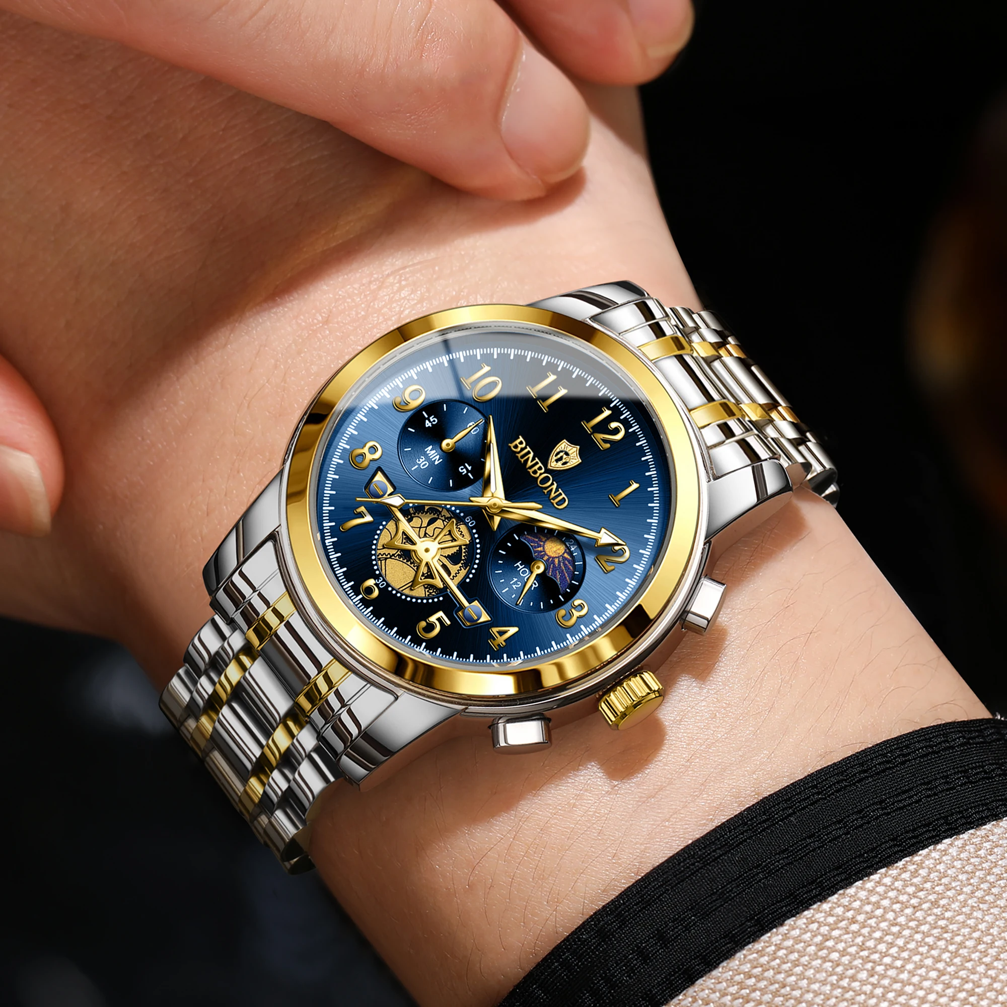 Фото Мужские часы BINBOND Original Accurate Quartz, роскошные, с хронографом, прочные, светящиеся, водонепроницаемые, повседневные. №4