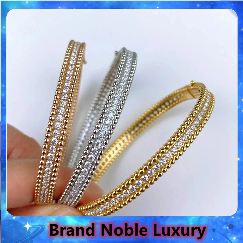 

S925 Sterling Silver Round Edge Beads Signature Bracelet Women's European Fashion Simple Luxury Brand Single Row Zircon Bangle
