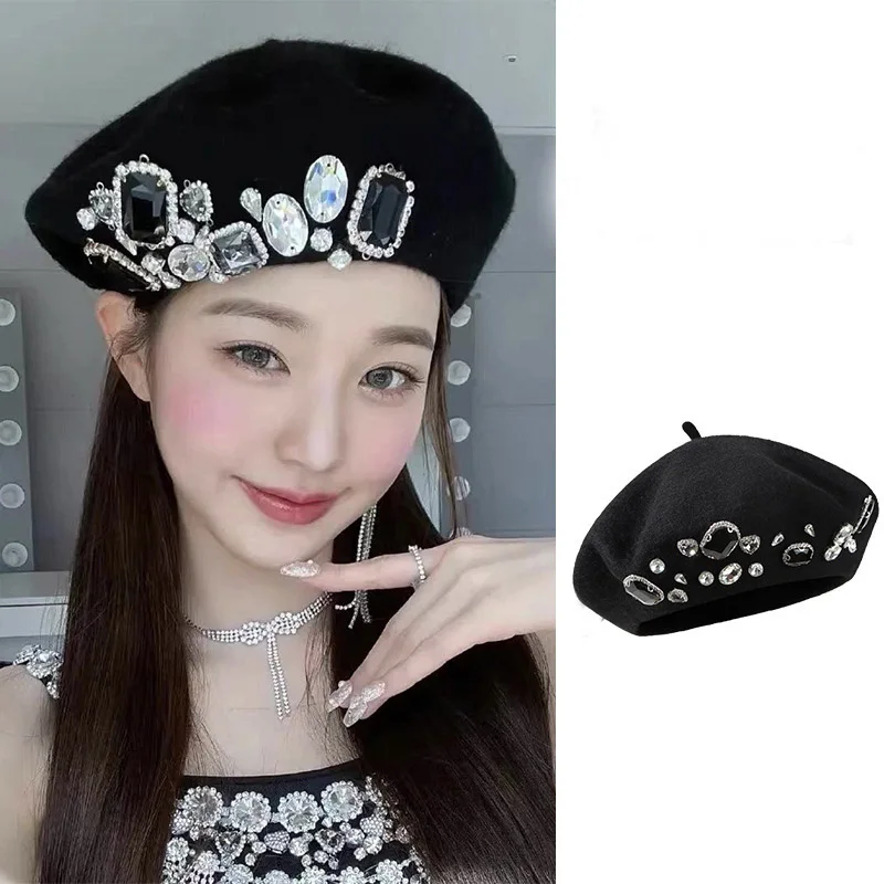 

Роскошный берет Стразы шапка для женщин теплая осенне-зимняя Мягкая шерстяная шапка модный художественный французский берет художник шапк...