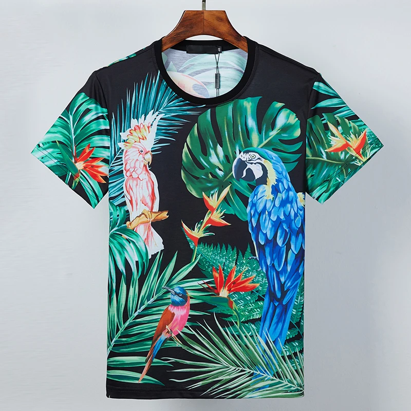

Men's short sleeve plant bird pattern digital printing youth fashion T-shirt round neck European and American trend black top