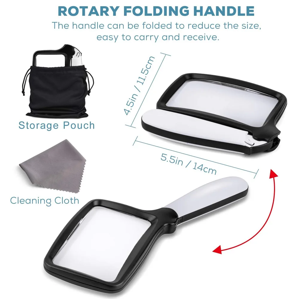 Складная ручная лупа с подсветкой 3-кратная большая прямоугольная для чтения со