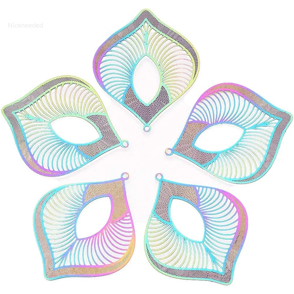 

50pcs Rainbow Color Leaf Pendants Hollow Filligree Leaf Charms 201 Stainless Steel Big Leaf Beads Pendants for Jewelry Making