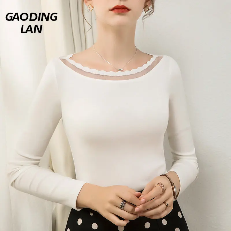 

Осенне-зимние женские однотонные футболки GAODINGLAN с длинным рукавом и воротником-лодочкой, кружевные прозрачные белые топы, хлопковая нижняя...
